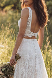 Ivory Lace 2-Piece A-Line Sweep Train Boho Wedding Dress with Slit
