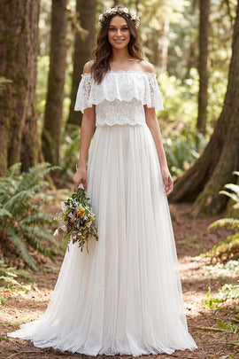 Ivory Off the Shoulder Lace Sweep Train Boho Wedding Dress