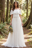 Ivory Off the Shoulder Lace Sweep Train Boho Wedding Dress