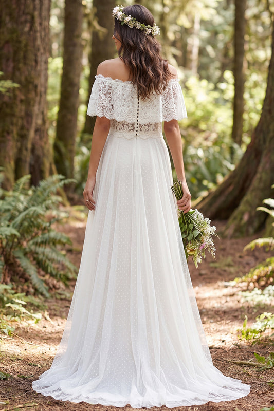 Ivory Off the Shoulder Lace Sweep Train Boho Wedding Dress