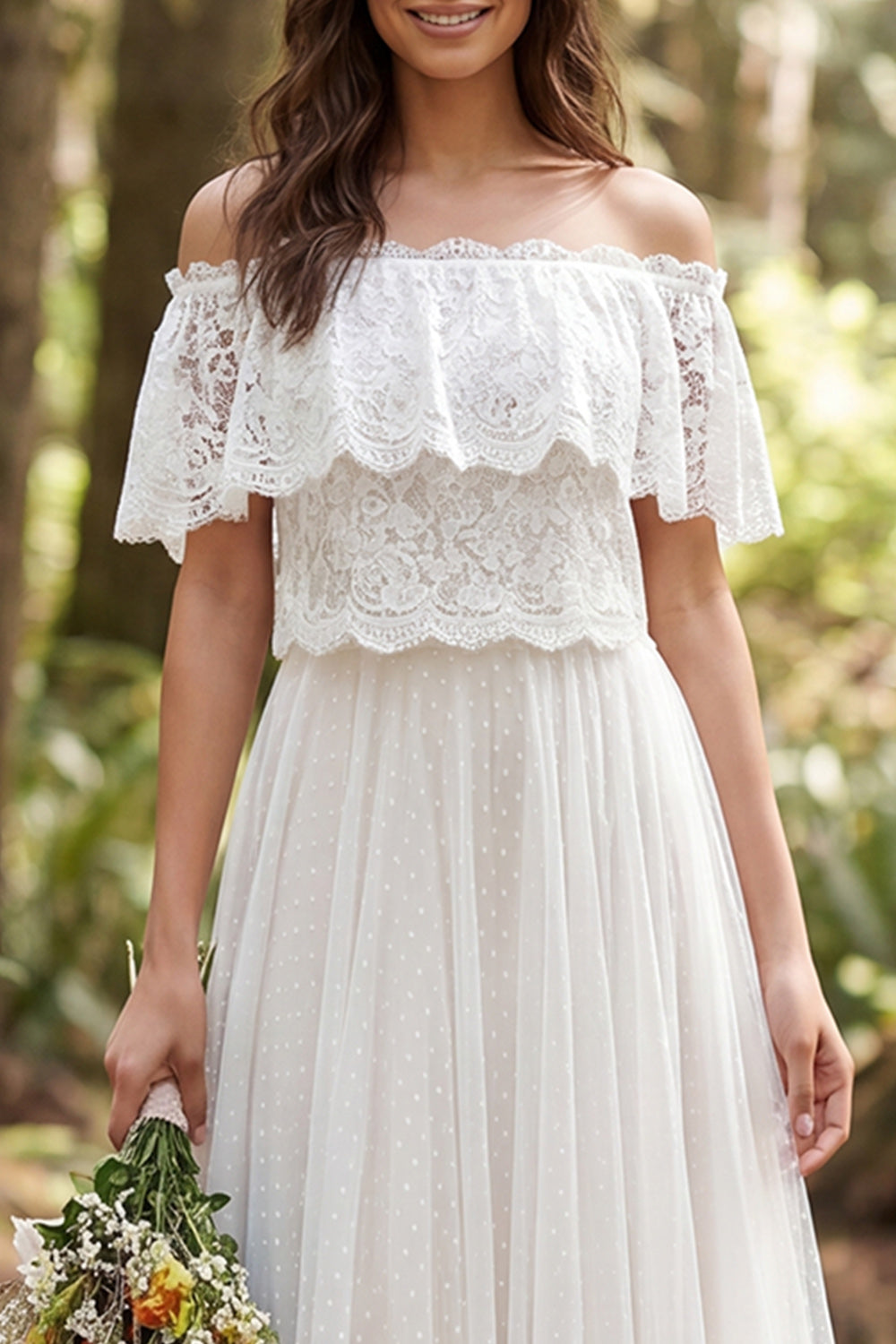 Ivory Off the Shoulder Lace Sweep Train Boho Wedding Dress