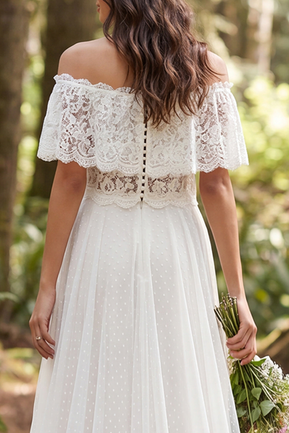 Ivory Off the Shoulder Lace Sweep Train Boho Wedding Dress