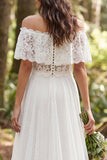 Ivory Off the Shoulder Lace Sweep Train Boho Wedding Dress