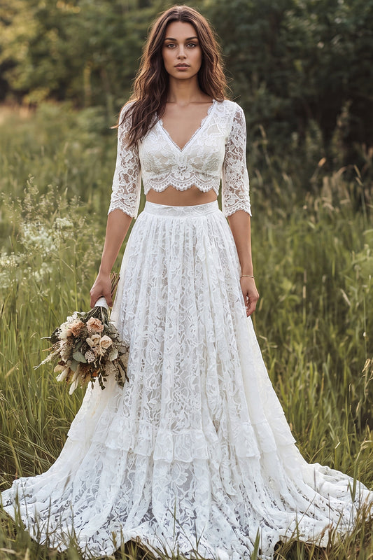 Ivory 2-Piece V-Neck Lace Sweep Train Boho Wedding Dress with Sleeves