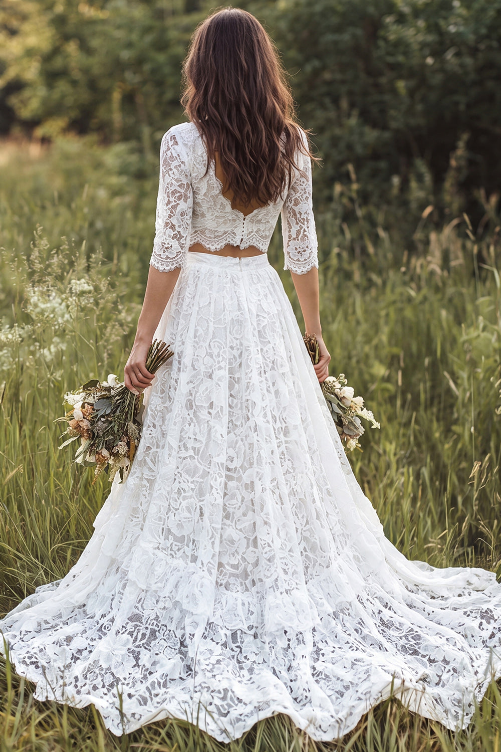 Ivory 2-Piece V-Neck Lace Sweep Train Boho Wedding Dress with Sleeves