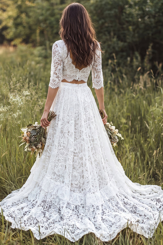 Ivory 2-Piece V-Neck Lace Sweep Train Boho Wedding Dress with Sleeves