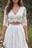 Ivory 2-Piece V-Neck Lace Sweep Train Boho Wedding Dress with Sleeves