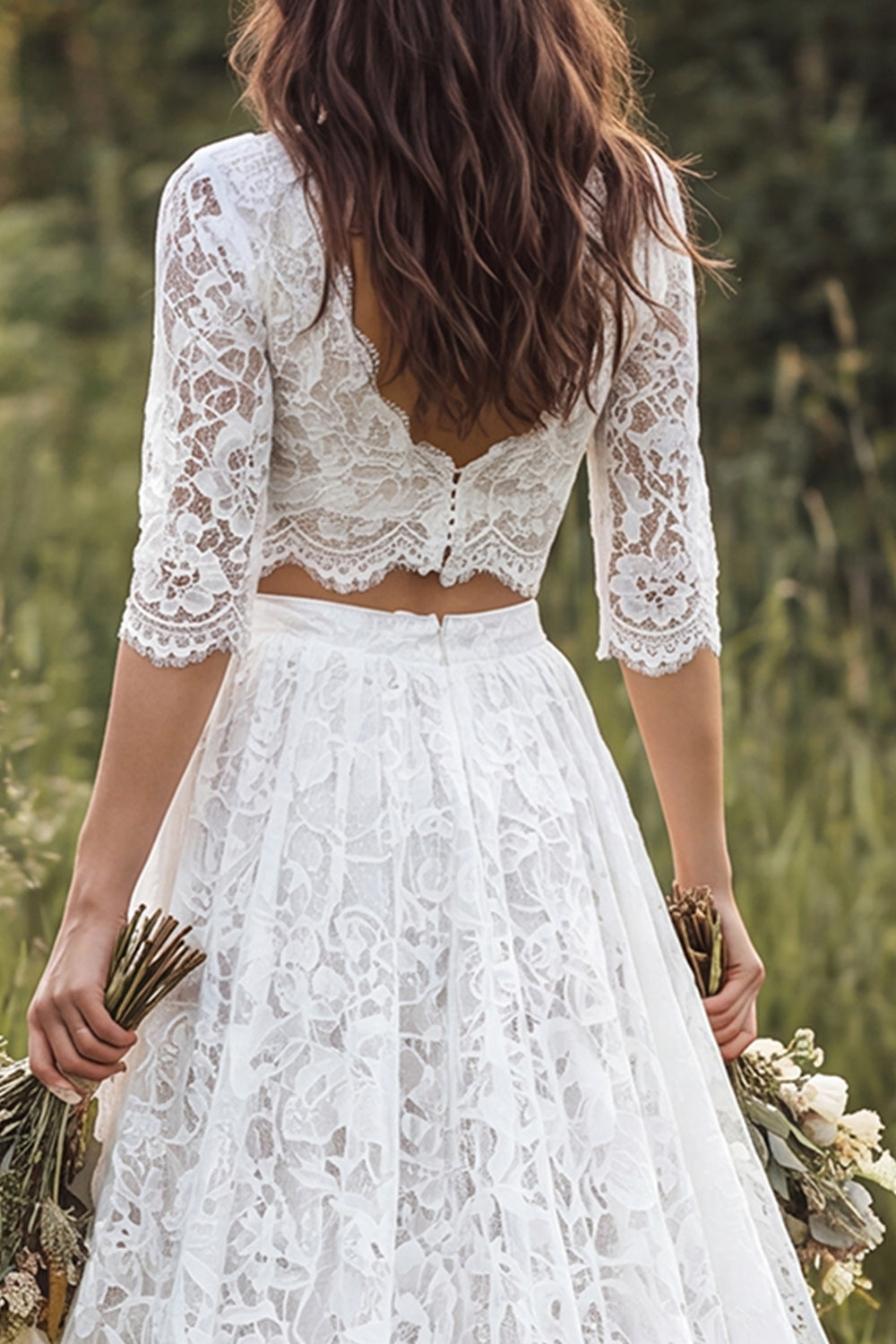Ivory 2-Piece V-Neck Lace Sweep Train Boho Wedding Dress with Sleeves