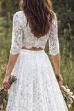 Ivory 2-Piece V-Neck Lace Sweep Train Boho Wedding Dress with Sleeves