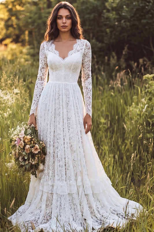 Ivory A-Line Lace Long Sleeves Ruffled Sweep Train Boho Wedding Dress
