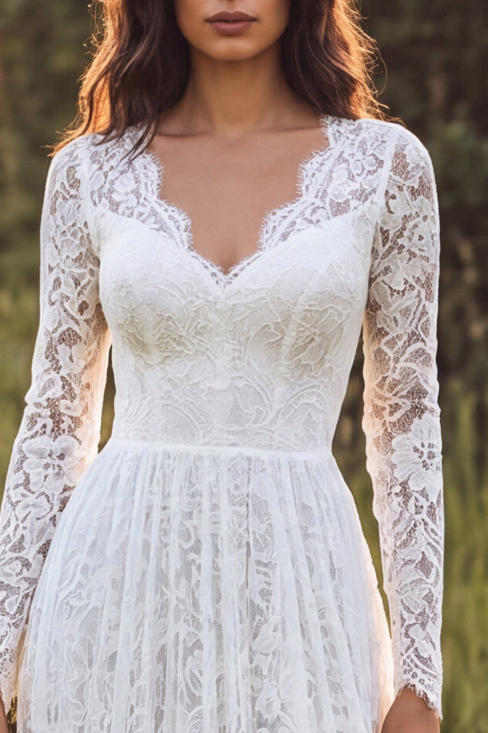 Ivory A-Line Lace Long Sleeves Ruffled Sweep Train Boho Wedding Dress