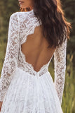 Ivory A-Line Lace Long Sleeves Ruffled Sweep Train Boho Wedding Dress