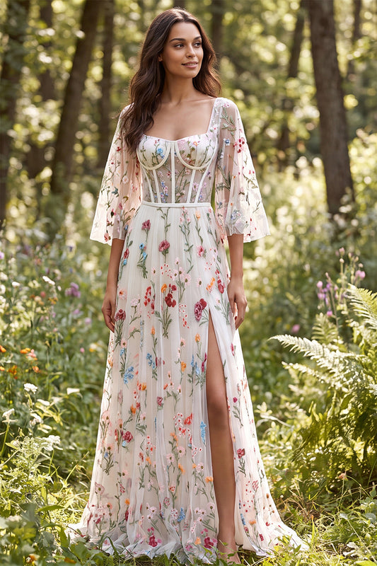 Ivory Corset A Line Floral Sweep Train Boho Wedding Dress with Slit