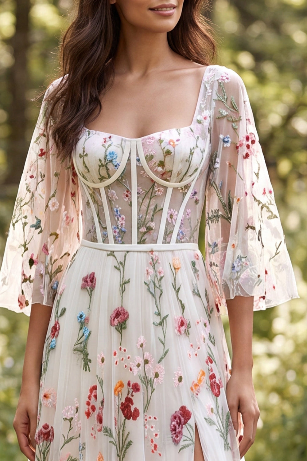 Ivory Corset A Line Floral Sweep Train Boho Wedding Dress with Slit