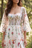 Ivory Corset A Line Floral Sweep Train Boho Wedding Dress with Slit