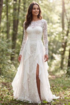 Ivory Lace Ruffled Boat Neck Long Sleeves Sweep Train Boho Wedding Dress with Slit