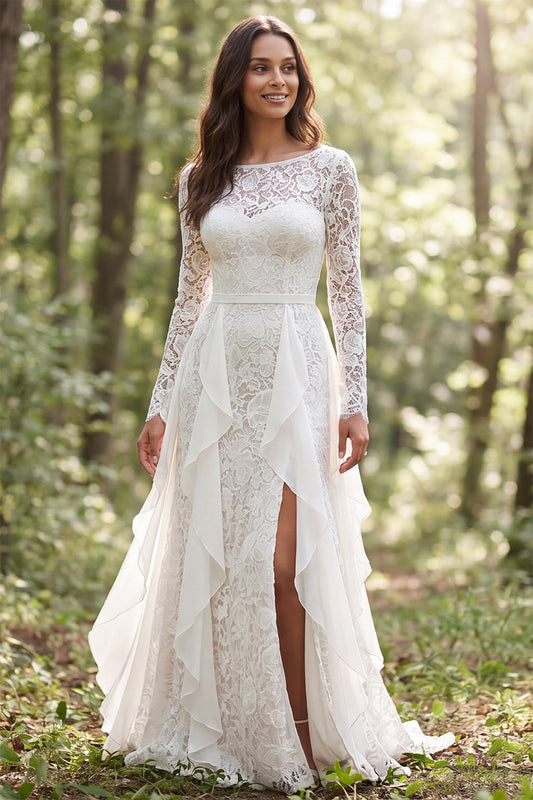 Ivory Lace Ruffled Boat Neck Long Sleeves Sweep Train Boho Wedding Dress with Slit