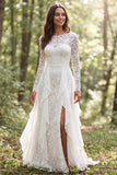 Ivory Lace Ruffled Boat Neck Long Sleeves Sweep Train Boho Wedding Dress with Slit