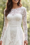 Ivory Lace Ruffled Boat Neck Long Sleeves Sweep Train Boho Wedding Dress with Slit
