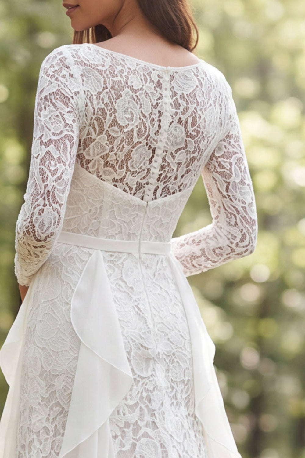 Ivory Lace Ruffled Boat Neck Long Sleeves Sweep Train Boho Wedding Dress with Slit