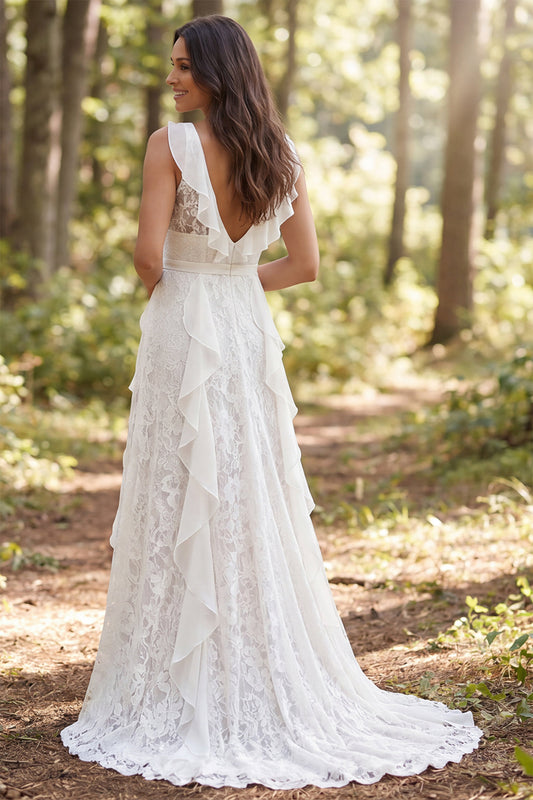 Ivory A-Line Ruffled Lace Sweep Train Boho Wedding Dress with Slit
