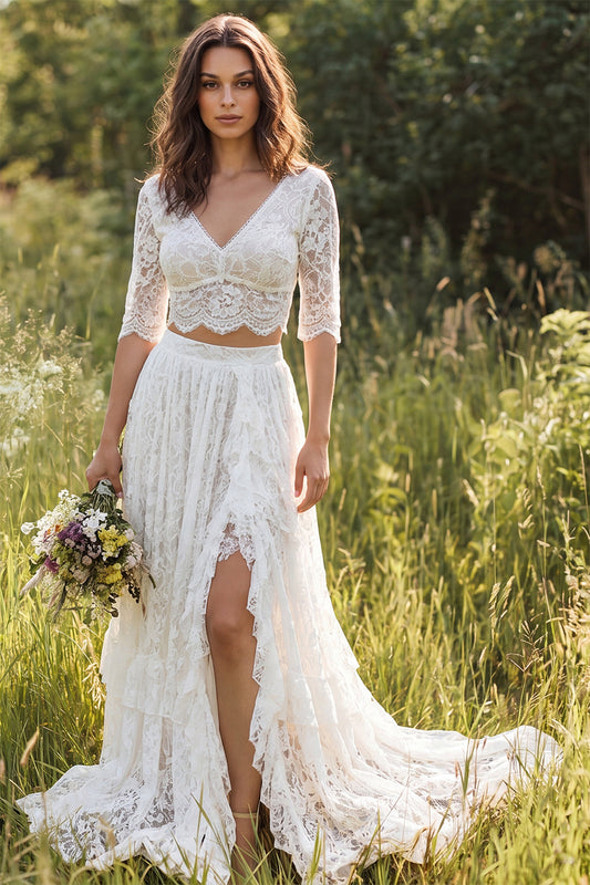 Ivory Two Piece Lace Ruffled Sweep Train Boho Wedding Dress with Sleeves