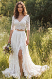 Ivory Two Piece Lace Ruffled Sweep Train Boho Wedding Dress with Sleeves