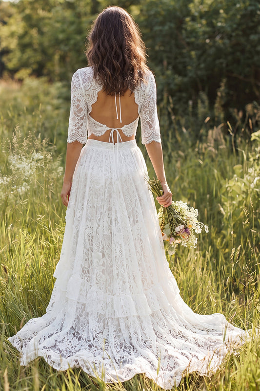 Ivory Two Piece Lace Ruffled Sweep Train Boho Wedding Dress with Sleeves
