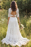 Ivory Two Piece Lace Ruffled Sweep Train Boho Wedding Dress with Sleeves
