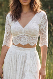 Ivory Two Piece Lace Ruffled Sweep Train Boho Wedding Dress with Sleeves