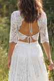 Ivory Two Piece Lace Ruffled Sweep Train Boho Wedding Dress with Sleeves