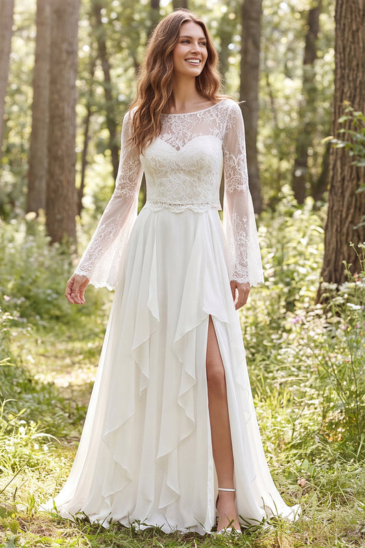 Ivory A-Line Illusion Neck Long Sleeves Sweep Train Beach Wedding Dress with Slit