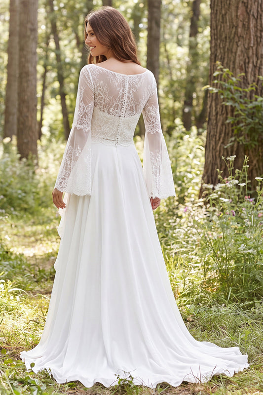 Ivory A-Line Illusion Neck Long Sleeves Sweep Train Beach Wedding Dress with Slit