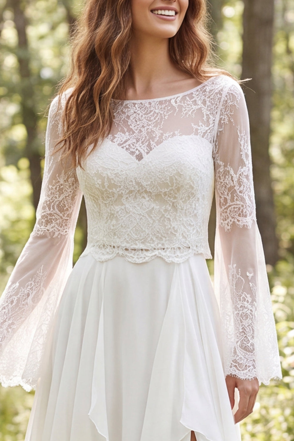 Ivory A-Line Illusion Neck Long Sleeves Sweep Train Beach Wedding Dress with Slit