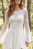 Ivory A-Line Illusion Neck Long Sleeves Sweep Train Beach Wedding Dress with Slit