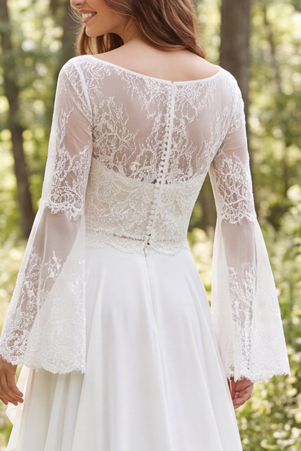 Ivory A-Line Illusion Neck Long Sleeves Sweep Train Beach Wedding Dress with Slit