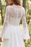 Ivory A-Line Illusion Neck Long Sleeves Sweep Train Beach Wedding Dress with Slit