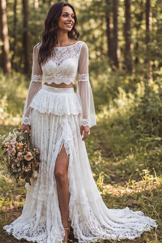 Ivory 2-Piece Boat Neck Ruffled Lace Sweep Train Boho Wedding Dress with Slit