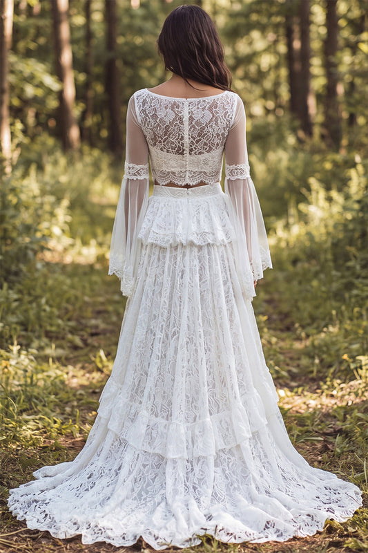 Ivory 2-Piece Boat Neck Ruffled Lace Sweep Train Boho Wedding Dress with Slit