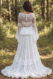 Ivory 2-Piece Boat Neck Ruffled Lace Sweep Train Boho Wedding Dress with Slit