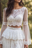 Ivory 2-Piece Boat Neck Ruffled Lace Sweep Train Boho Wedding Dress with Slit