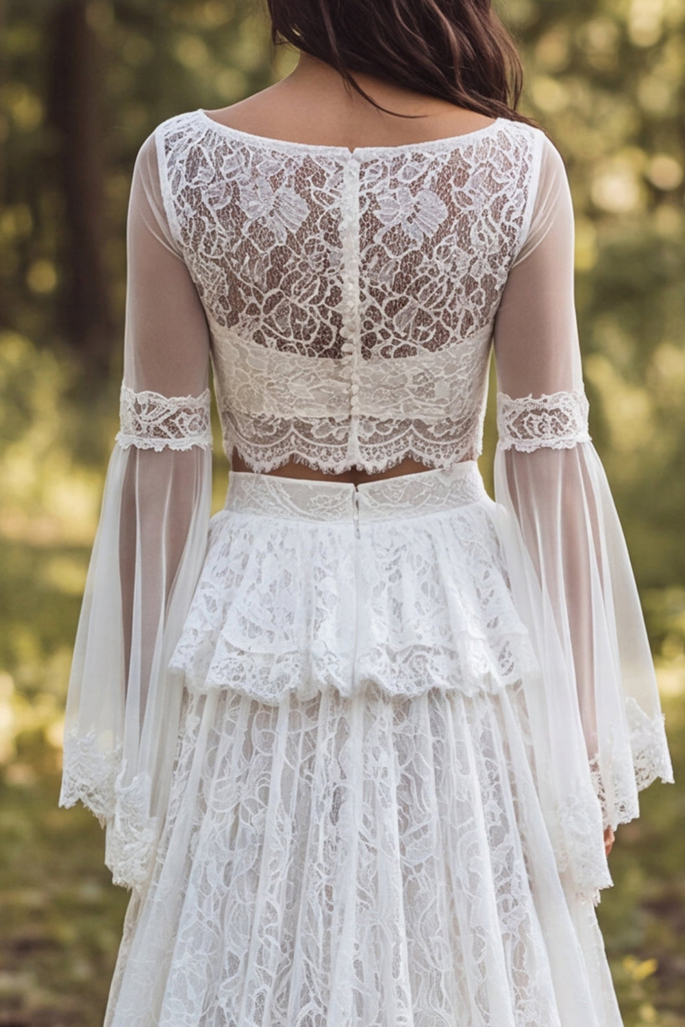 Ivory 2-Piece Boat Neck Ruffled Lace Sweep Train Boho Wedding Dress with Slit