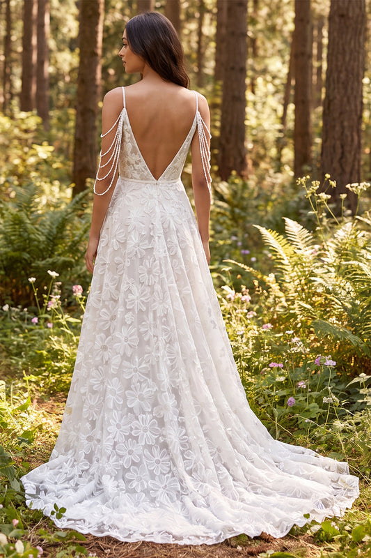 Ivory A-Line Cold Shoulder Floral Sweep Train Boho Wedding Dress
