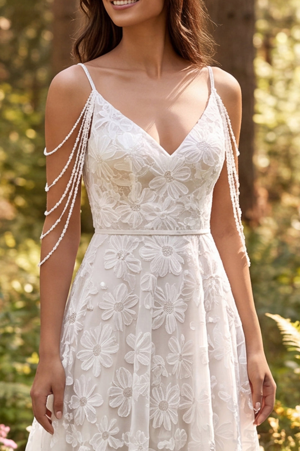 Ivory A-Line Cold Shoulder Floral Sweep Train Boho Wedding Dress
