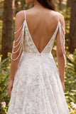 Ivory A-Line Cold Shoulder Floral Sweep Train Boho Wedding Dress