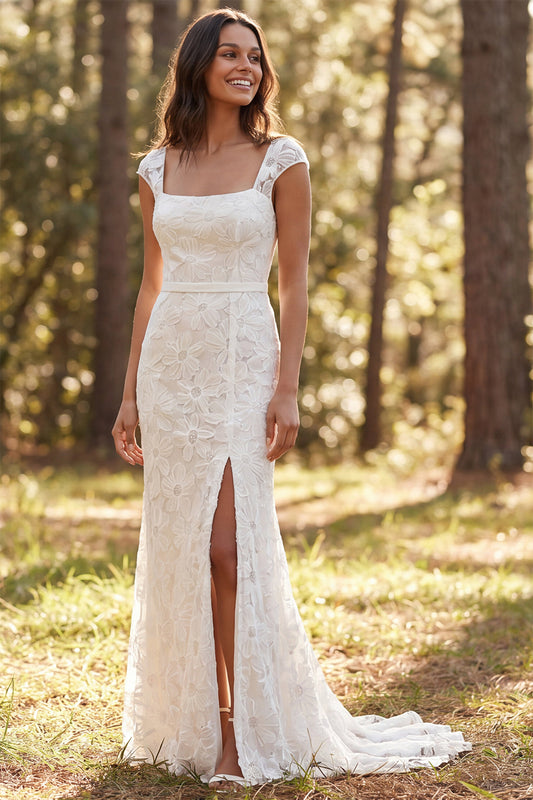 Ivory Square Neck Floral Sweep Train Boho Wedding Dress with Slit