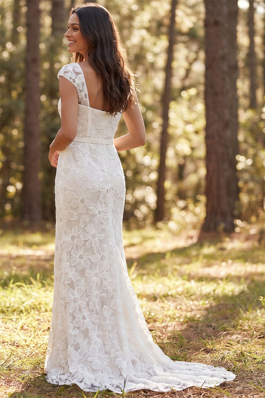 Ivory Square Neck Floral Sweep Train Boho Wedding Dress with Slit