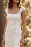 Ivory Square Neck Floral Sweep Train Boho Wedding Dress with Slit