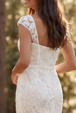 Ivory Square Neck Floral Sweep Train Boho Wedding Dress with Slit