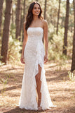 Ivory Lace Mermaid Ruffled Sweep Train Boho Wedding Dress